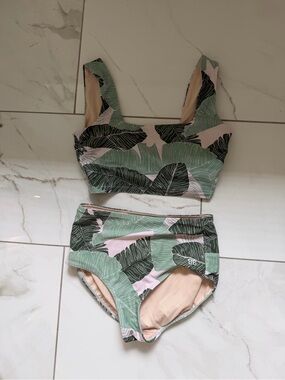 Albion Fit High-Waist Leaf Print Bikini Set - Pink & Green Xs